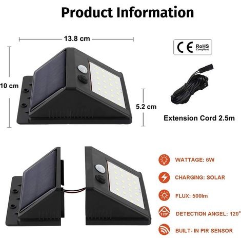 6w 30 Led Solar-wandleuchte, Abnehmbar, Kabellos, Wasserdichtes Außenpanel Mit Pir-bewegungsmelder, 500lm + 3 Beleuchtungsmodi Für Gartenhaus, Garage, Keller (2er-pack)