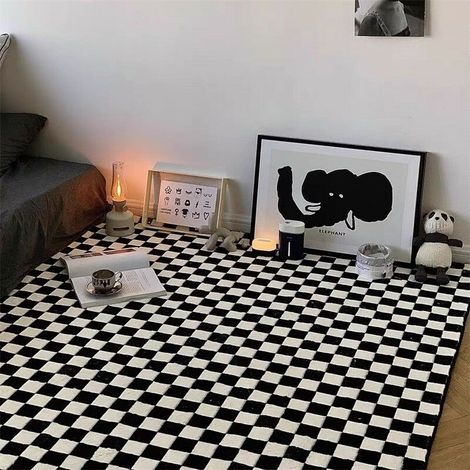 Kreativer Teppich Mit Persönlichkeit, Karierter Teppich Für Wohn- Oder Schlafzimmer, Schlichter Schwarz-weißer Gitterteppich, Frisches Quadratisches Sofakissen, Dekorative Teppiche Für Zuhause (schwar