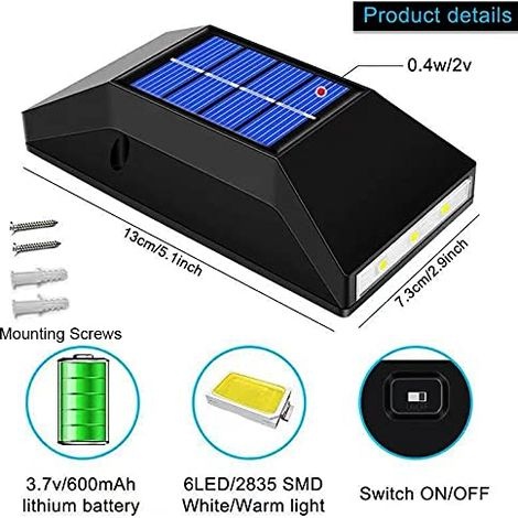 Wasserdichte Solar-wandleuchte Mit Lichtsensor – Warmweißes Licht – 2er-pack – Abs-material – Schutzart Ip65 Für Den Außenbereich –