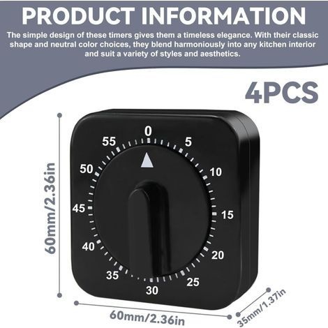 Mechanischer Küchentimer - Analoger Timer: 4 Stück - 60 Minuten - Mechanischer Küchentimer - Timerfunktion Für Zuhause, Küche, Sport, Lernen (schwarz)