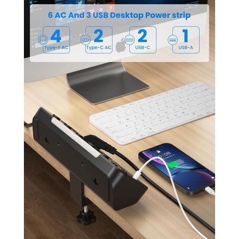6-fach-steckdosenleiste Für Den Schreibtisch, Tischsteckdose Mit Usb-c-anschluss, Überspannungsschutz Mit Aluminium-tischhalterung, 20-w-pd-schnellladefunktion, Abgewinkelte Mehrfachsteckdose, 2-m-kab