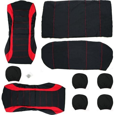 Universelle Autositzbezüge Schwarz/rot, Autoinnenausstattung, Sportliches Autositzkissen, Komplettes 9-teiliges Set
