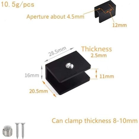 Glasklemmen Für Glas, 8 Stück, Eckig, Edelstahl, Für 8-10 Mm Ebene Flächen, Für Ebene Flächen Und Spiegel, Schwarz
