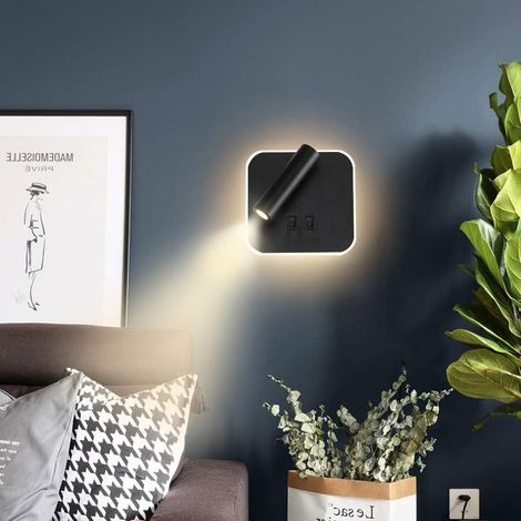Nachttischlampe Led-wandleuchte Für Den Innenbereich, Hotelwandleuchte, Flurwandleuchte Mit Schalter, Schwarz, 3 W + 10 W (quadratisch)