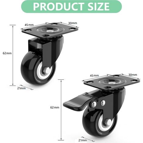 Lenkrollen Für Möbel, 2 Mit Bremsen + Schrauben – 40 Mm, Bis 80 Kg – Abriebfeste Rollen Für Schwere Lasten – Gummiräder Für Transportwagen – Schwarz