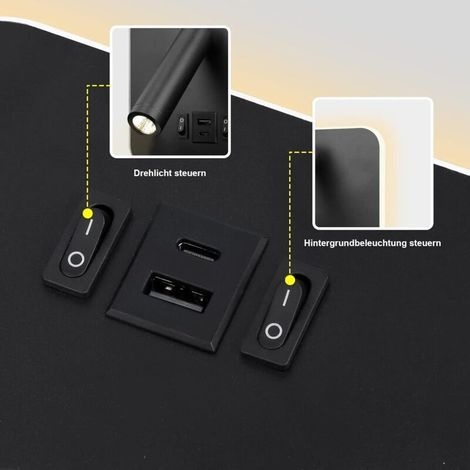 Led-leselampe, Usb-typ-c-wandleuchte, Doppelladeanschluss Mit Schalter, Verstellbarer 12-w-led-spot, 3000-k-aluminium-wandleuchte, Schwenkbare Bettleuchte (rechteckig, Schwarz) [energieklasse