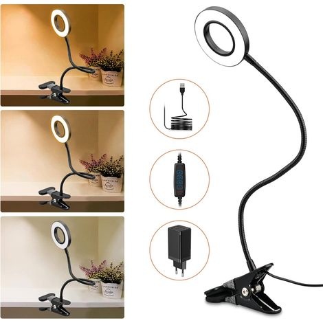 7-w-klemmleuchte, Dimmbar, 52 Leds, 3 Farbmodi, 10 Helligkeitsstufen, Leselampe Mit Klemme, 360° Schwenkbar, Flexibler Schwanenhals, Nachttischlampe, Schwarz