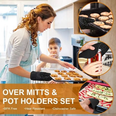 Ofenhandschuhe, 6-teiliges Set, Ofenhandschuhe Und Topflappen, Hitzebeständige Grillhandschuhe Bis 500 °c, Rutschfeste Ofenhandschuhe Und Topflappen Zum Grillen, Geeignet Zum Backen Und Grillen, Schwa
