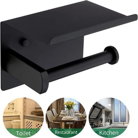 Toilettenpapierhalter Mit Ablage, Mattschwarz, Edelstahl Sus 304, Selbstklebend Oder Zur Wandmontage, F92803mb