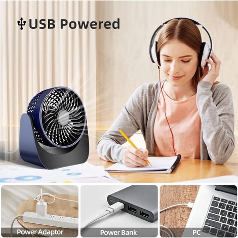 Usb-ventilator, 360° Drehbarer, Tragbarer Mini-usb-ventilator, Leise, 3 Geschwindigkeitsstufen, Tischventilator Mit 1,5 M Usb-kabel Für Büro/auto/reisen/camping (dunkelblau)
