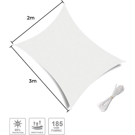 Sonnensegel (hdpe, 180 G/m²), Rechteckig, 2 X 3 M, Sonnenschutzgewebe, 98 % Uv-beständig, Für Gartenterrasse, Weiß, 2 X 3 M