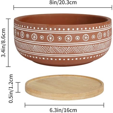 Runder Terrakotta-blumentopf, 20 Cm, Mit Abflussloch Und Bambusuntersetzer, Für Zimmerpflanzen