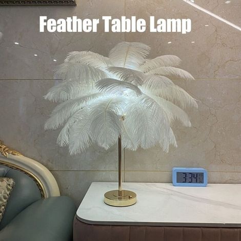 Tischleuchte Aus Straußenfedern – Lampenschirm 40 Cm – Höhe 50 Cm – Wiederaufladbare Led-beleuchtung – Warmes Und Neutrales Licht