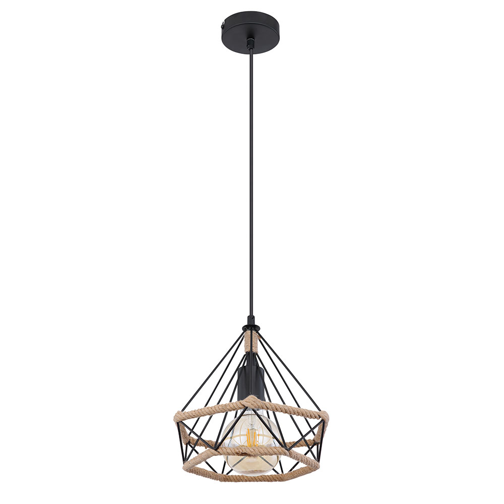 Pendelleuchte Rustikal Vintage Wohnzimmerlampe Landhausstil Deckenleuchte Wohnzimmer Hängend Schwarz, Käfig In Diamantform Hanfseil, 1x E27, Dxh 25x150 Cm