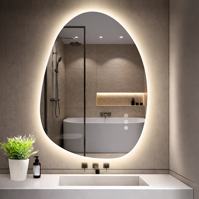 Asymmetrischer Badezimmerspiegel Gimbelen 75×55 Cm Mit Led-beleuchtung, 3 Lichtfarben, Dimmer, Anti-beschlag, Ip44, Touch, Speicher, Horizontal/vertikal