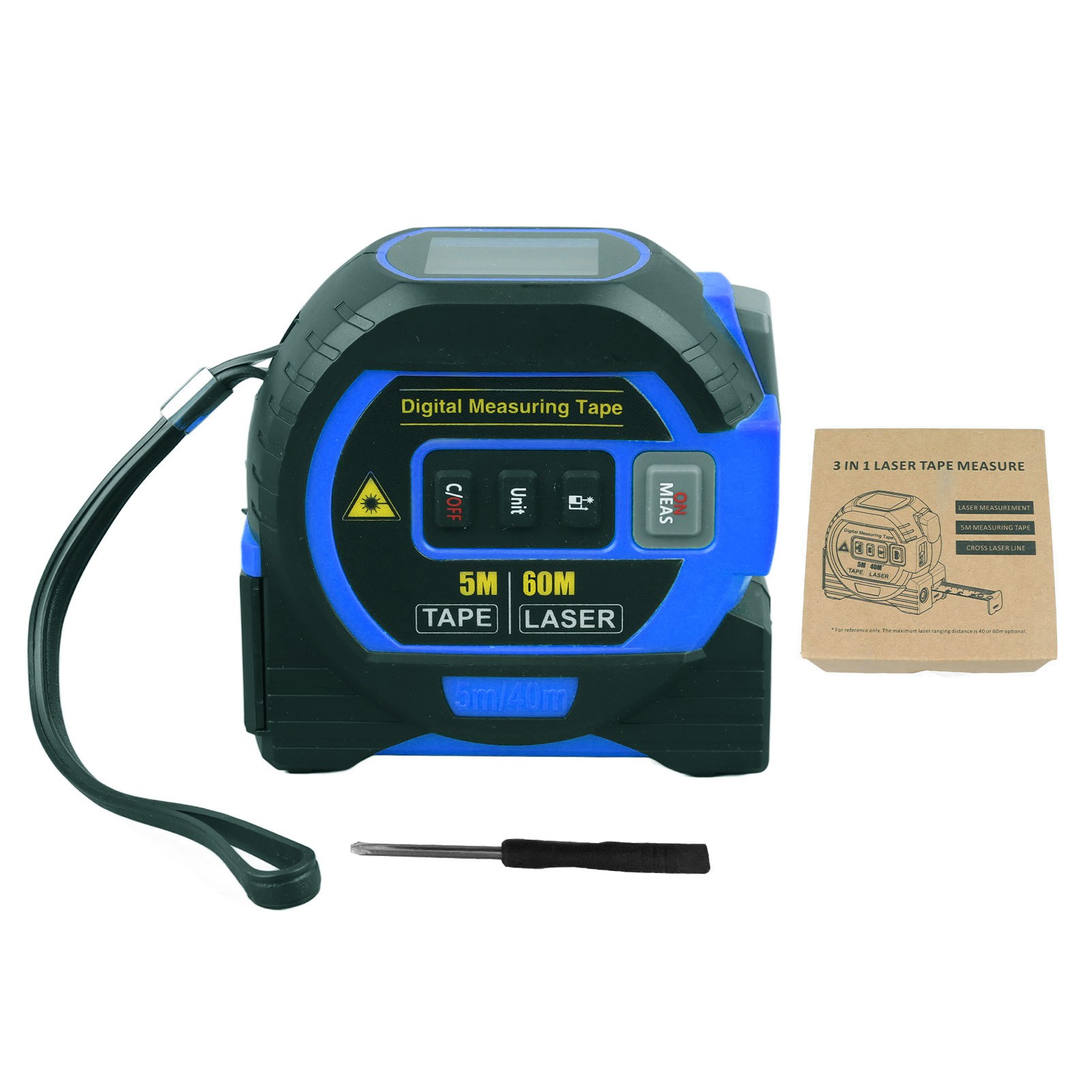 3-in-1 Blaues Digitales Maßband, Hohe Elastizität, Präzision, Automatische Arretierung, Für Lagerprüfungen, 60 M / 196,9 Ft