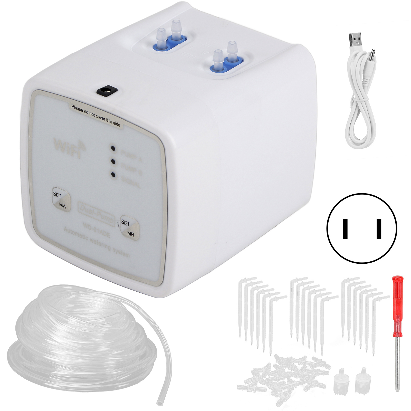 Intelligentes Tropfbewässerungssystem Mit Wlan-zeitschaltuhr, Doppelpumpe Und Us-stecker, Geeignet Für Gärten. Stromversorgung: 100–240 V.