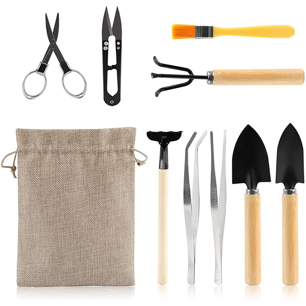 Set Mit 10 Gartengeräten Für Bonsai Und Sukkulenten: Schaufeln, Rechen, Gabeln, Schere Und Reinigungsbürste.