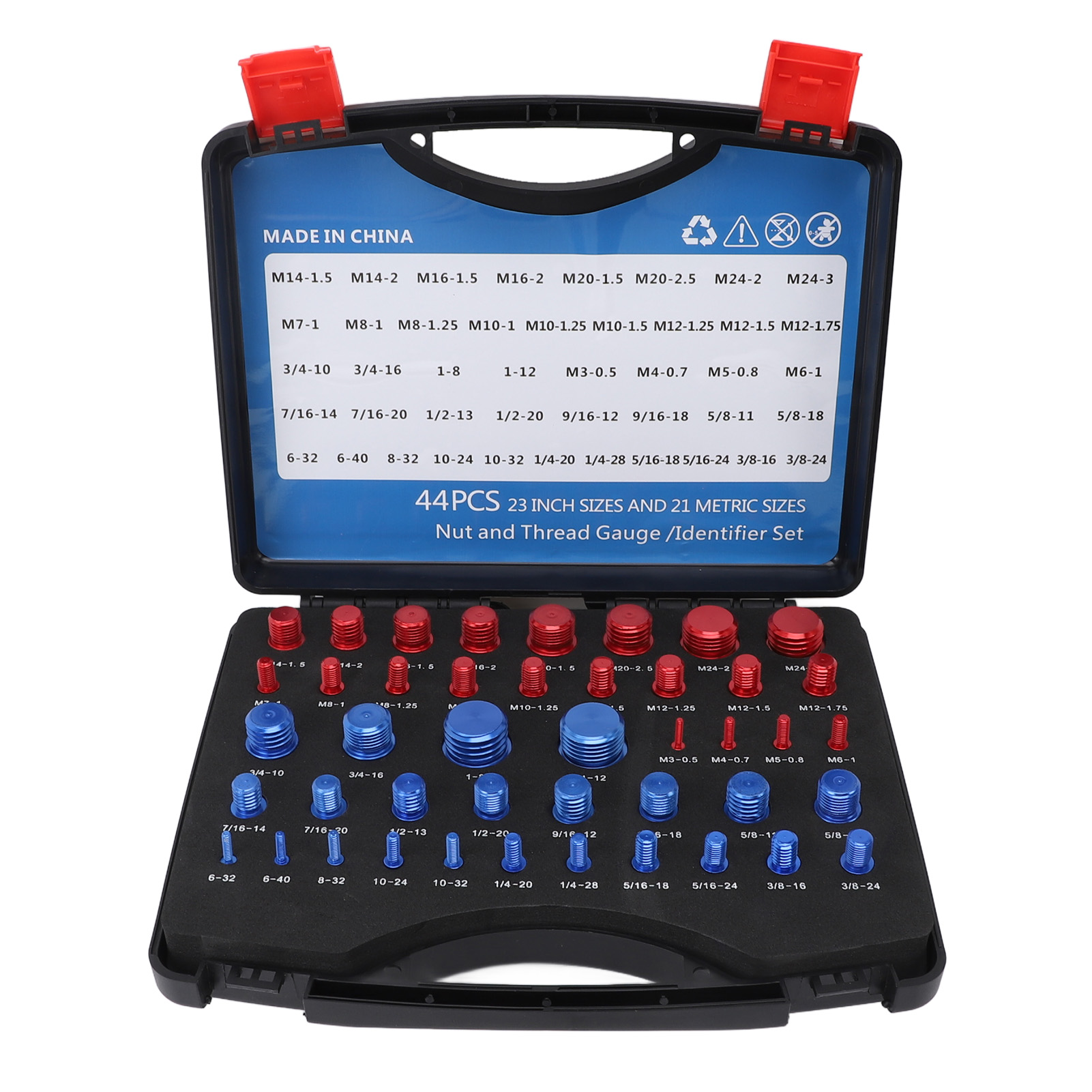 44 Präzisionsgewindelehren Für Muttern Und Schrauben, Aus Aluminium, Mit Metrischen Und Imperialen Maßeinheiten, Inklusive Aufbewahrungsbox. Farben: Rot Und Blau.