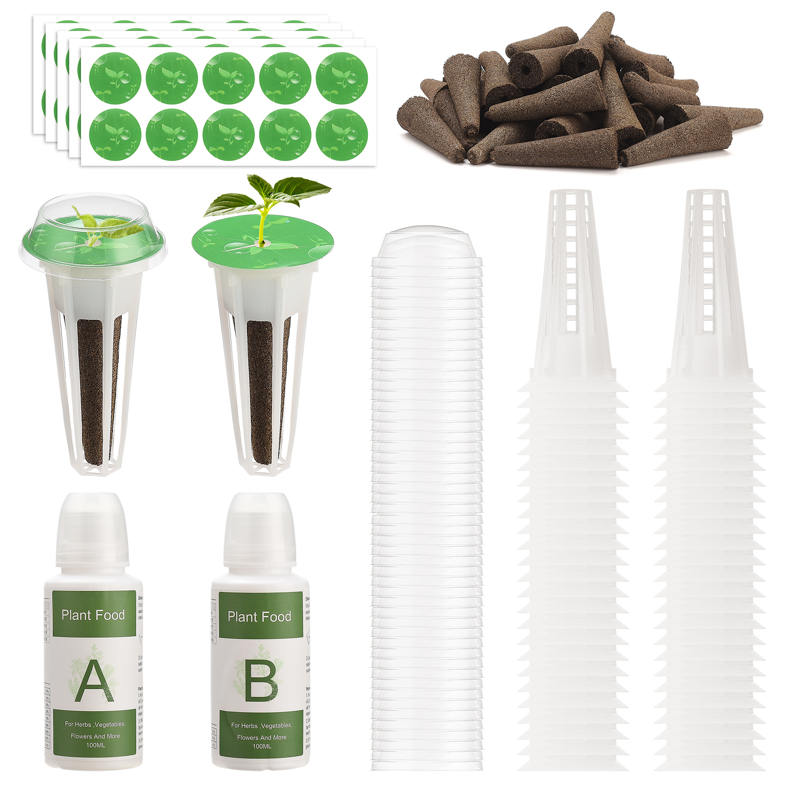 Hydroponik-set Für Den Anbau Von Kapseln: 50 Runde Anzuchtkörbe, 50 Schwämme, 50 Kuppeln, 50 Etiketten, 2 Nachfüllpackungen.