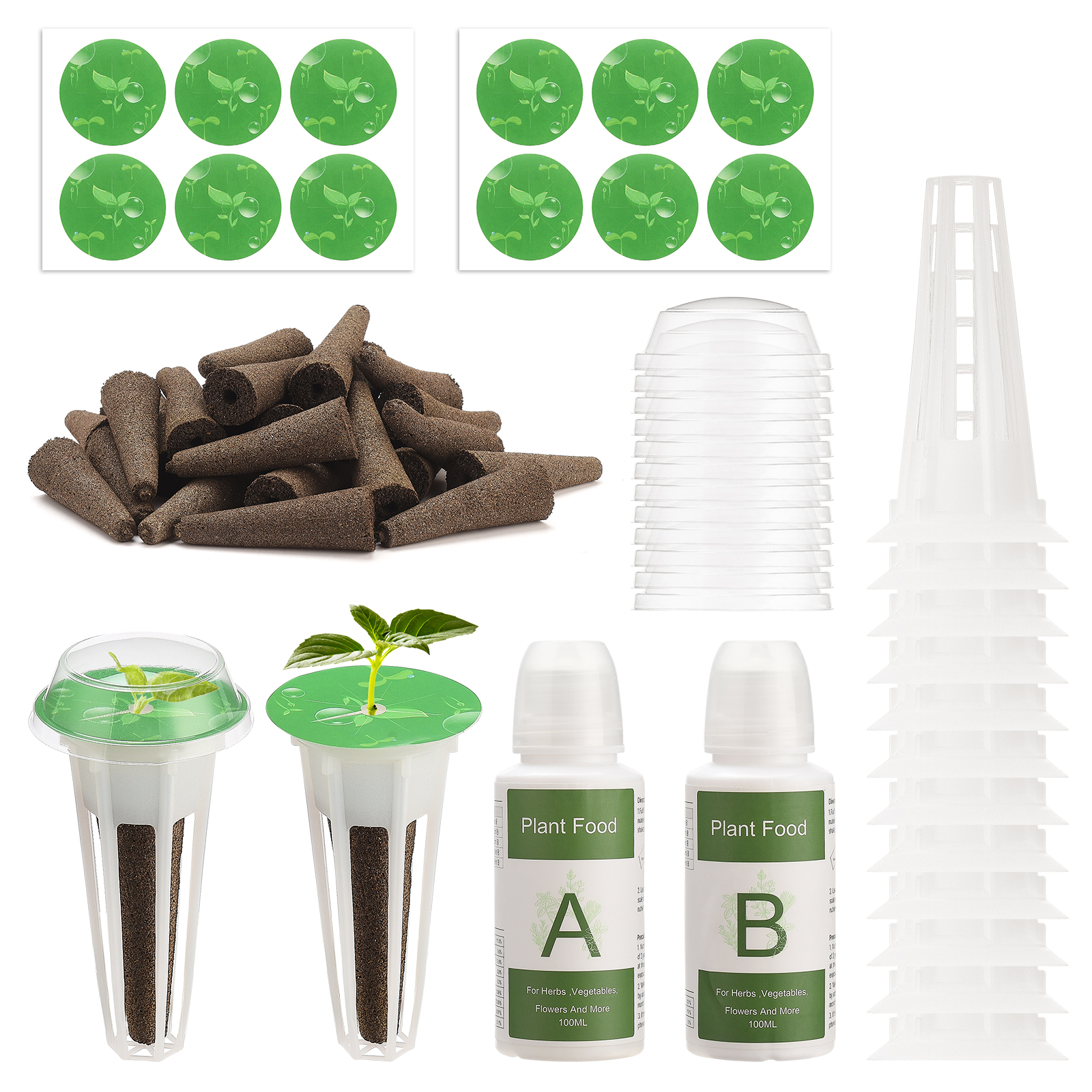 Hydroponik-set Für Den Anbau Von Kapseln: 12 Runde Anzuchtkörbe, 12 Schwämme, 12 Kuppeln, 12 Etiketten, 2 Nachfüllpackungen.
