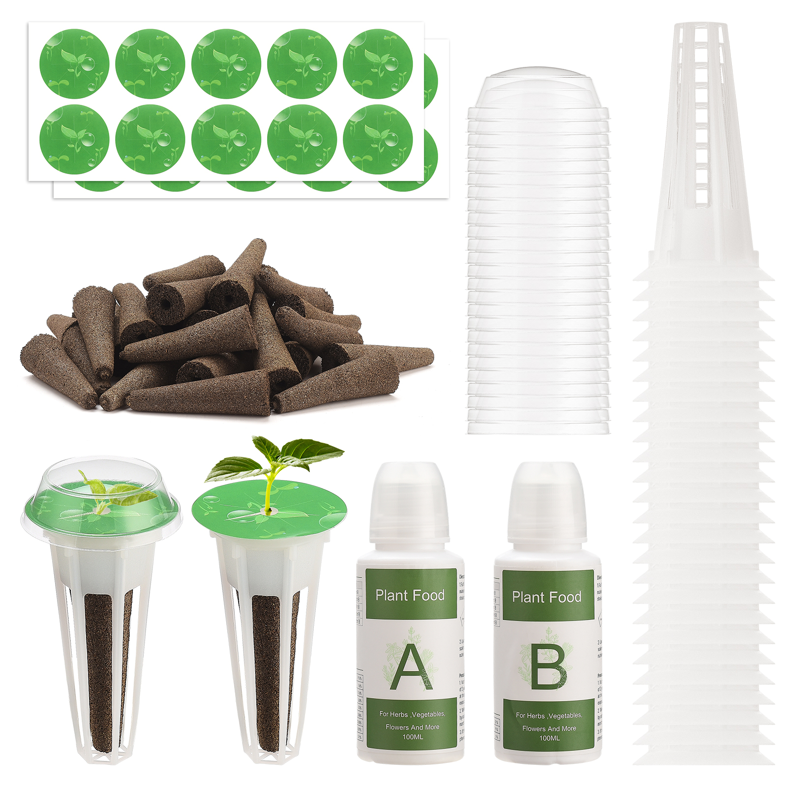 Hydroponik-set Für Den Anbau Von Kapseln: 25 Runde Anzuchtkörbe, 25 Schwämme, 25 Kuppeln, 25 Etiketten, 2 Nachfüllpackungen.