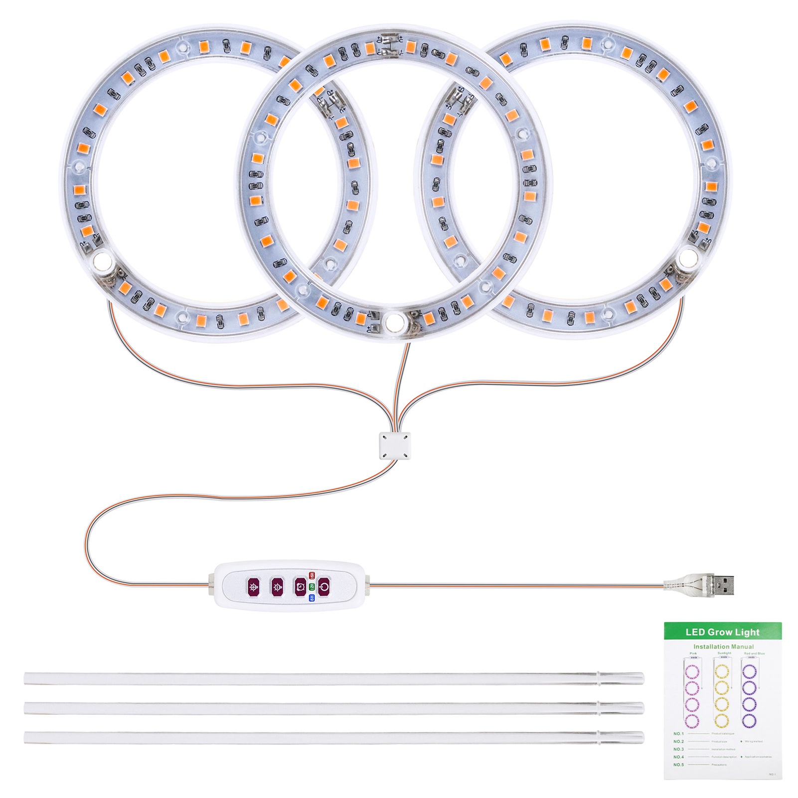 Zimmerpflanzenlampe, 3 Köpfe, 6,2 W, 301,7 Lm, 60 Leds, 4000 K, Usb-stromversorgung, 8h/12h/16h Timer, 5 Helligkeitsstufen, Ideal Für Sukkulenten, Mini-bonsai Und Kleine Pflanzen.