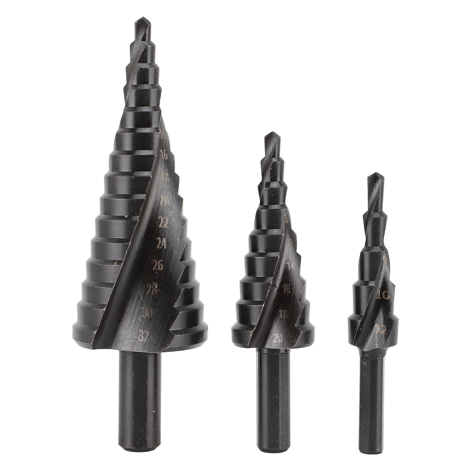 Set Aus 3 Spiralstufenbohrern Von 4 Bis 32 Mm Aus Hss-schnellstahl Zum Bohren Von Platten, Aluminium, Metall Und Holz.