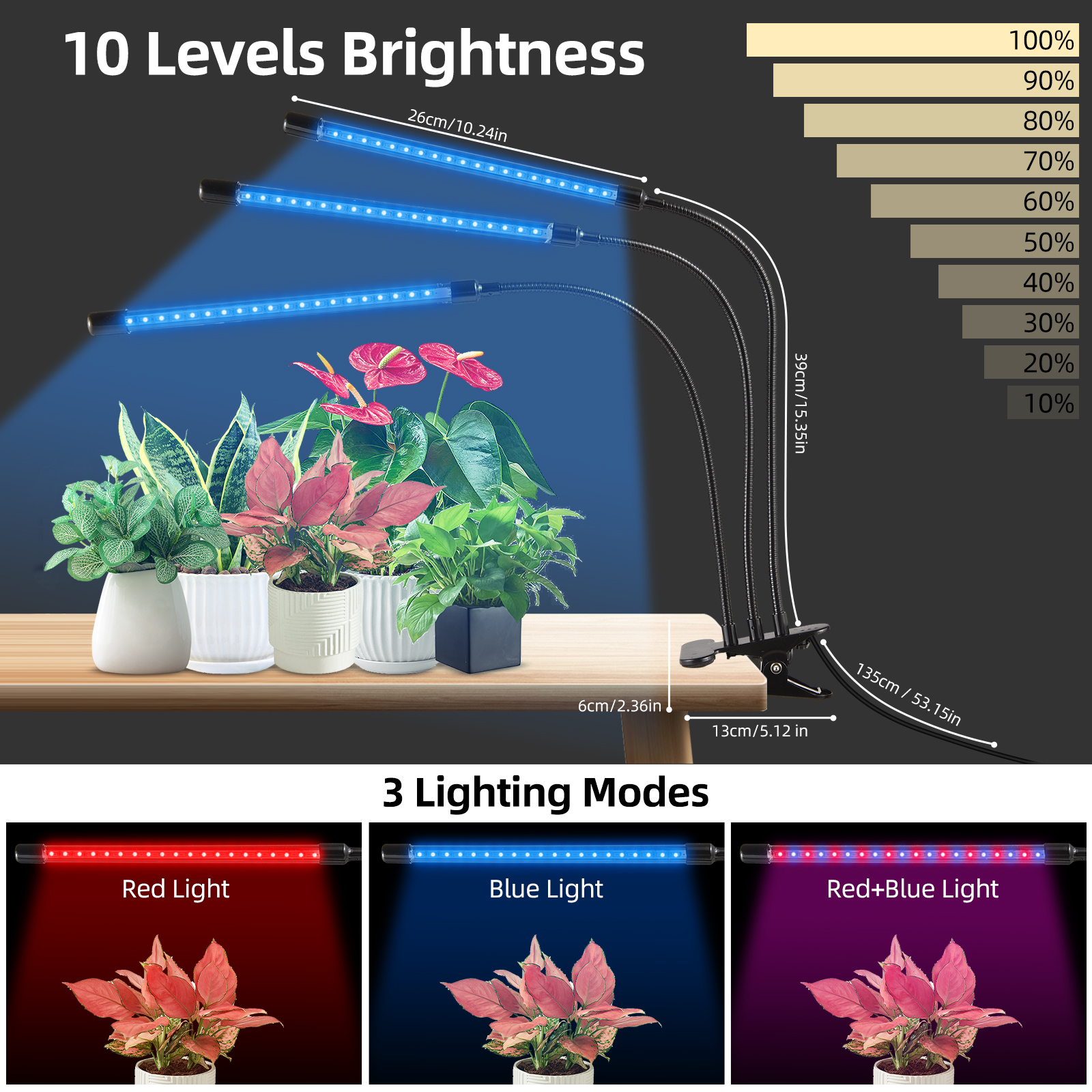 Vollspektrum-led-pflanzenlampe Mit Klemme, Roten Und Blauen Leds Für Zimmerpflanzen, 10 Helligkeitsstufen, 3/9/12-stunden-timer, 5 Leuchtenköpfe