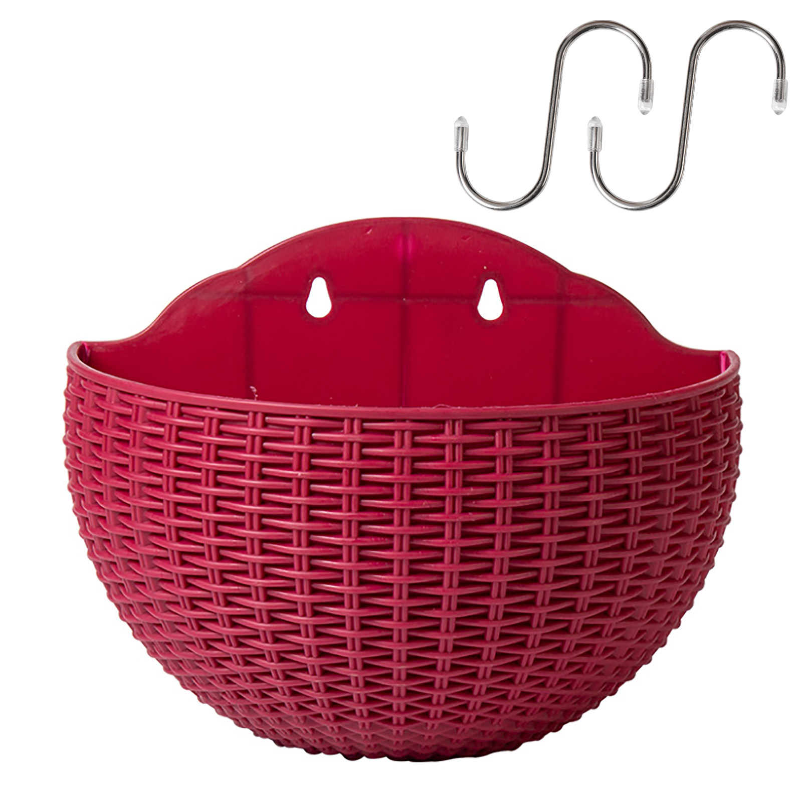 Set Aus 2 Halbrunden, Wandmontierten Blumentöpfen Aus Synthetischem Rattan In Burgunderrot, Für Den Innen-, Außenbereich Und Balkon.