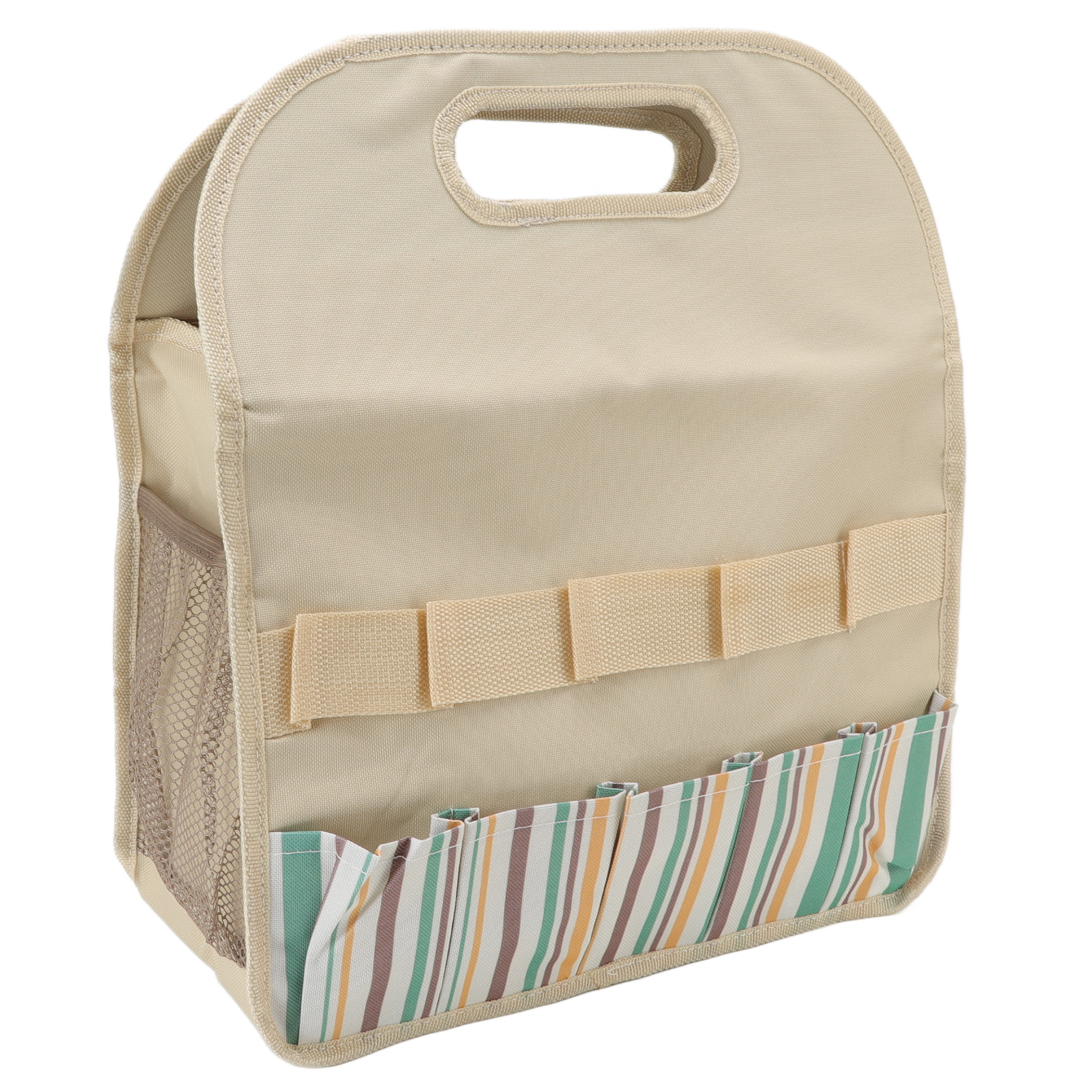 Große Gartengerätetasche Aus 600d Oxford-gewebe Und Pe-einsätzen, Beige Mit Bunten Streifen.