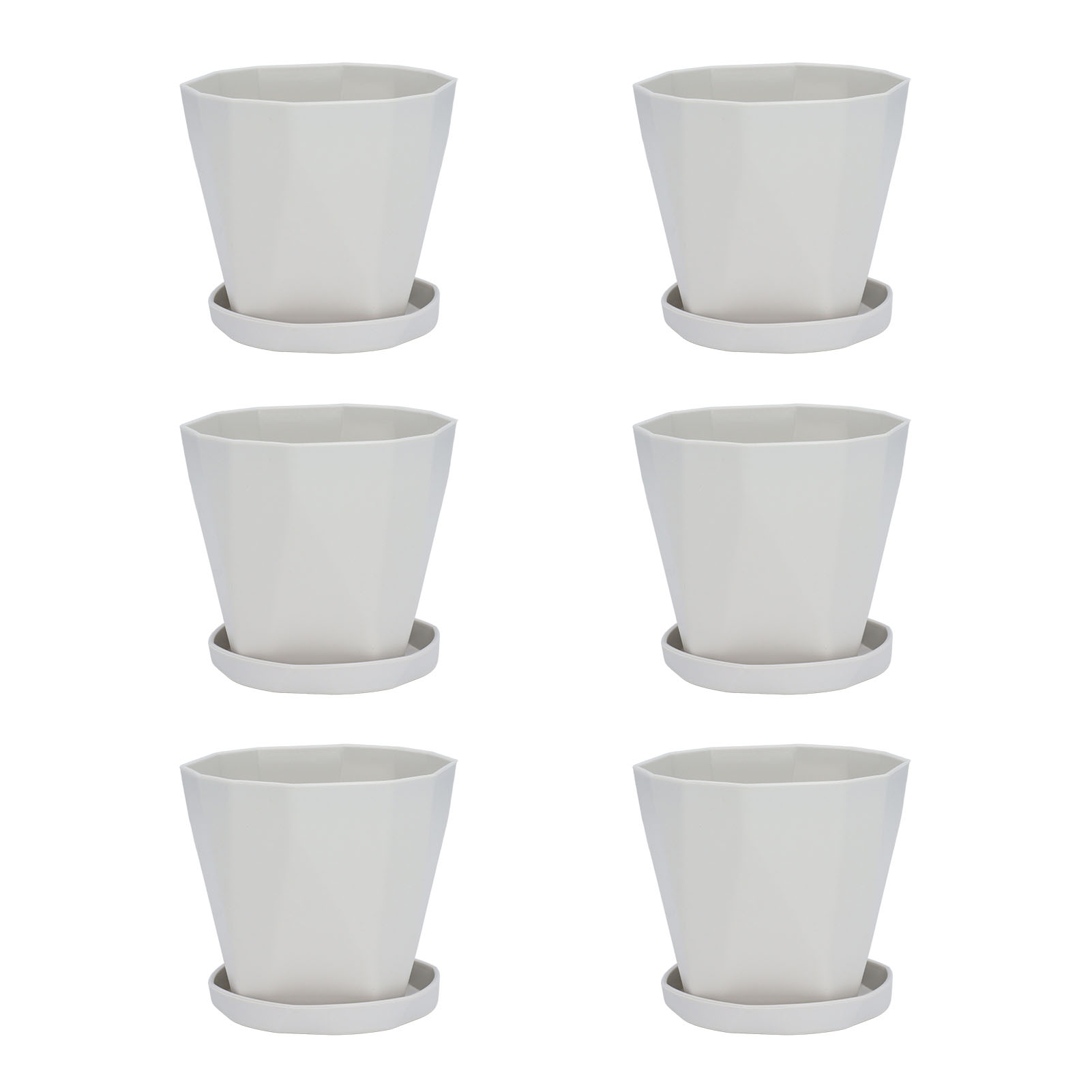 Set Aus 6 Kleinen, Leichten, Vielseitigen Und Schlicht Gestalteten Kunststoff-blumentöpfen Mit Untersetzern, Für Den Innen-, Balkon- Und Außenbereich, Hellgrau.