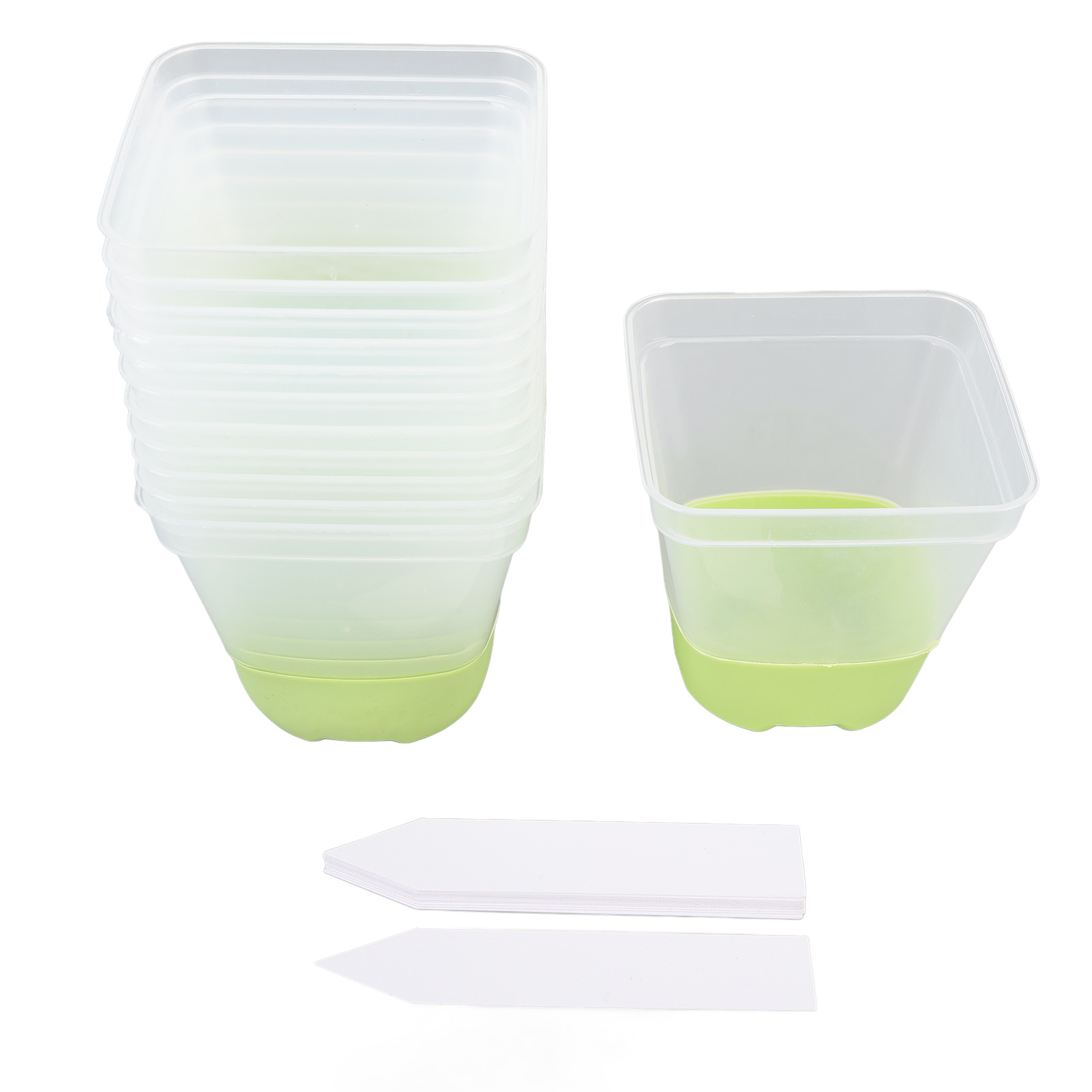 Set Aus 12 Wiederverwendbaren Anzuchttöpfen Aus Kunststoff, Mit 12 Etiketten, Abflusslöchern Und Weichem Silikonboden, Fluoreszierend Grün.