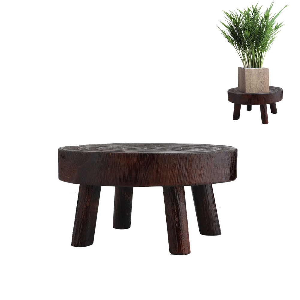 Blumenständerhocker Aus Holz, Runder Holzsockel Mit 6 Cm Hohen Beinen, Oberfläche Mit Gebranntem Tungöl.