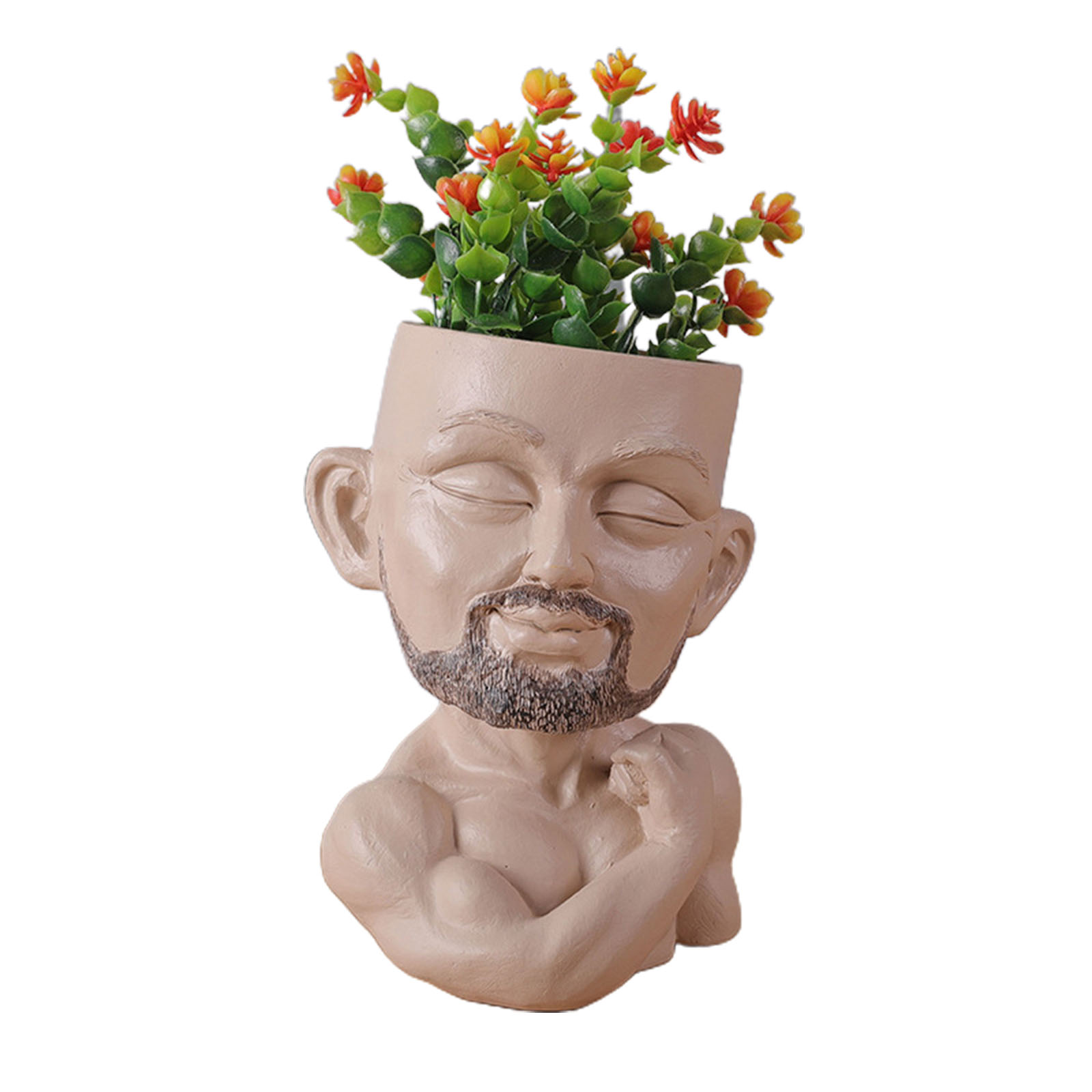 Khakifarbener Blumentopf Aus Kunstharz Mit Multifunktionalem Abflussloch Und Dem Design Eines Muskulösen Bodybuilder-gesichts.