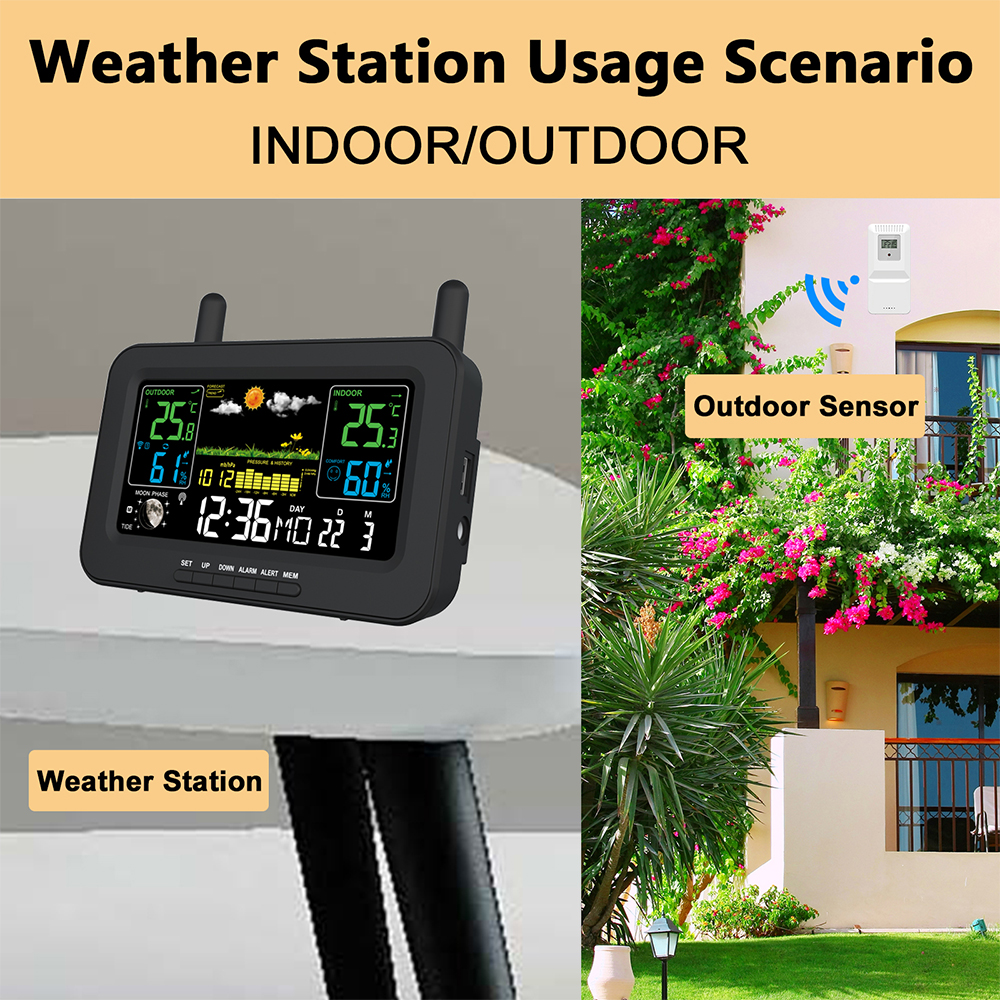 Station Météo Sans Fil Intérieure/extérieure Avec Thermomètre, Écran Lcd Couleur, Moniteur De Température Et D'Humidité, Capteur Extérieur, Horloge, Rétroéclairage Réglable, Prévisions, Données, Press