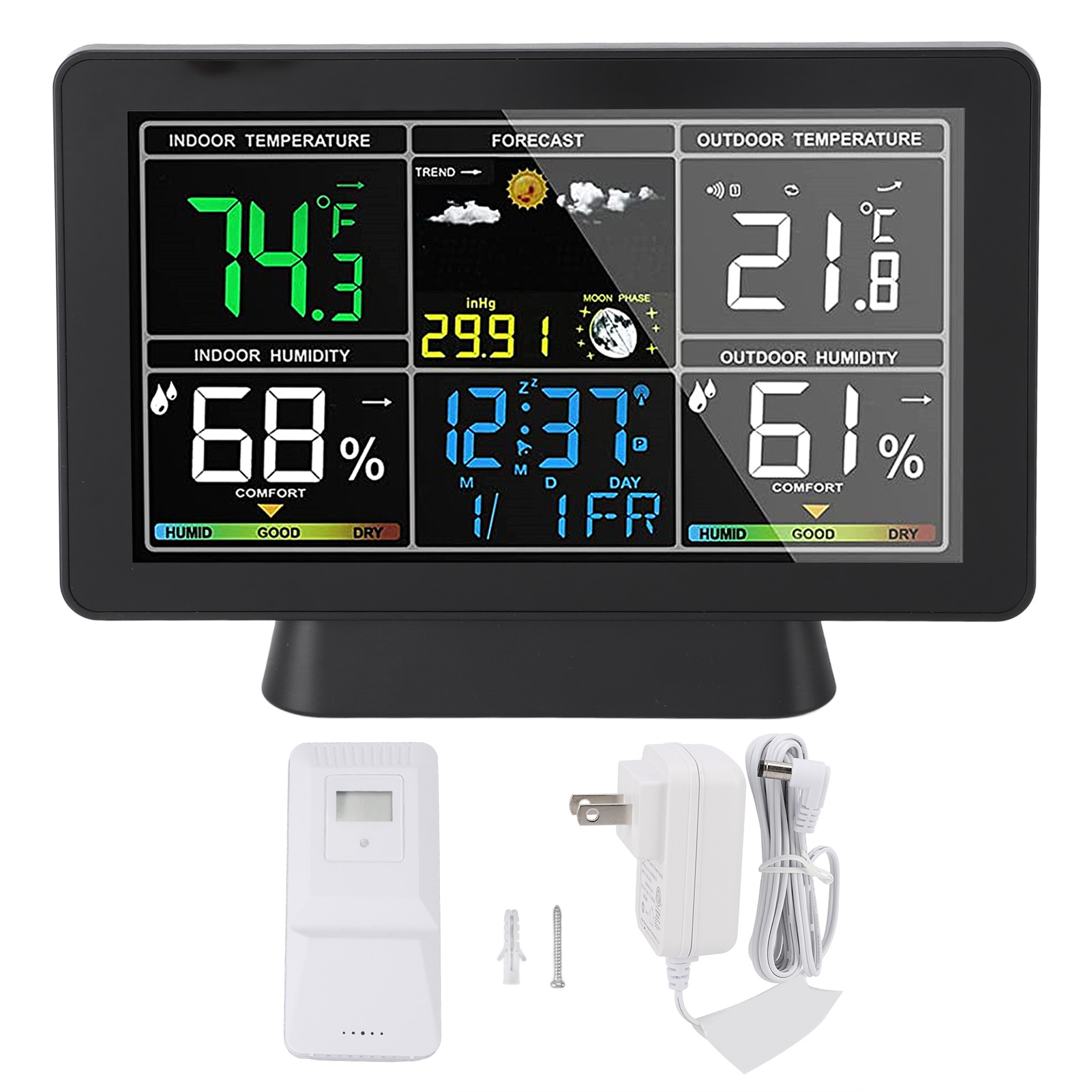 Kabelloses 7,5-zoll-thermometer Für Den Innen- Und Außenbereich, Einstellbares, Hintergrundbeleuchtetes Farbdisplay, Feuchtigkeits- Und Temperaturanzeige Mit Wettervorhersage Und Luftdruckanzeige, Eu-