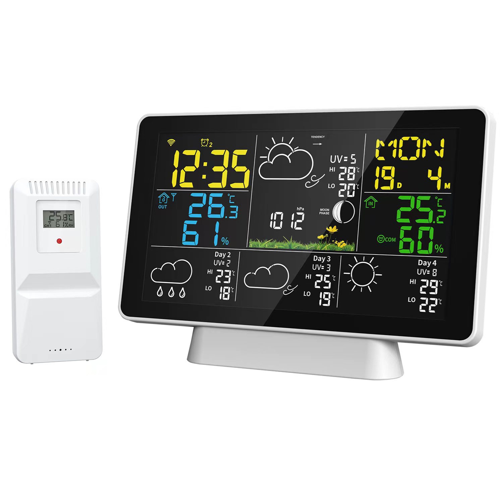 Drahtlose Wi-fi-wetterstation Für Den Innen- Und Außenbereich Mit Hygrometer, Thermometer, Temperatur- Und Feuchtigkeitsanzeige, Uhr Und Wecker, Außensensor Und Netzteil.