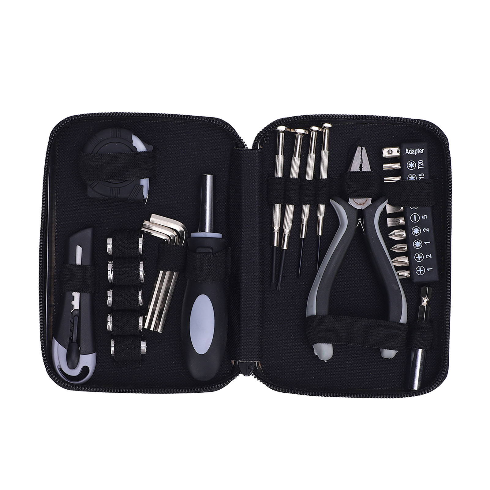 Mini-werkzeugset Für Heimwerkerarbeiten: Spitzzange, Maßband, Inbusschlüssel, Schraubendrehersatz, Schraubendreherbits, Griff Und Etui.