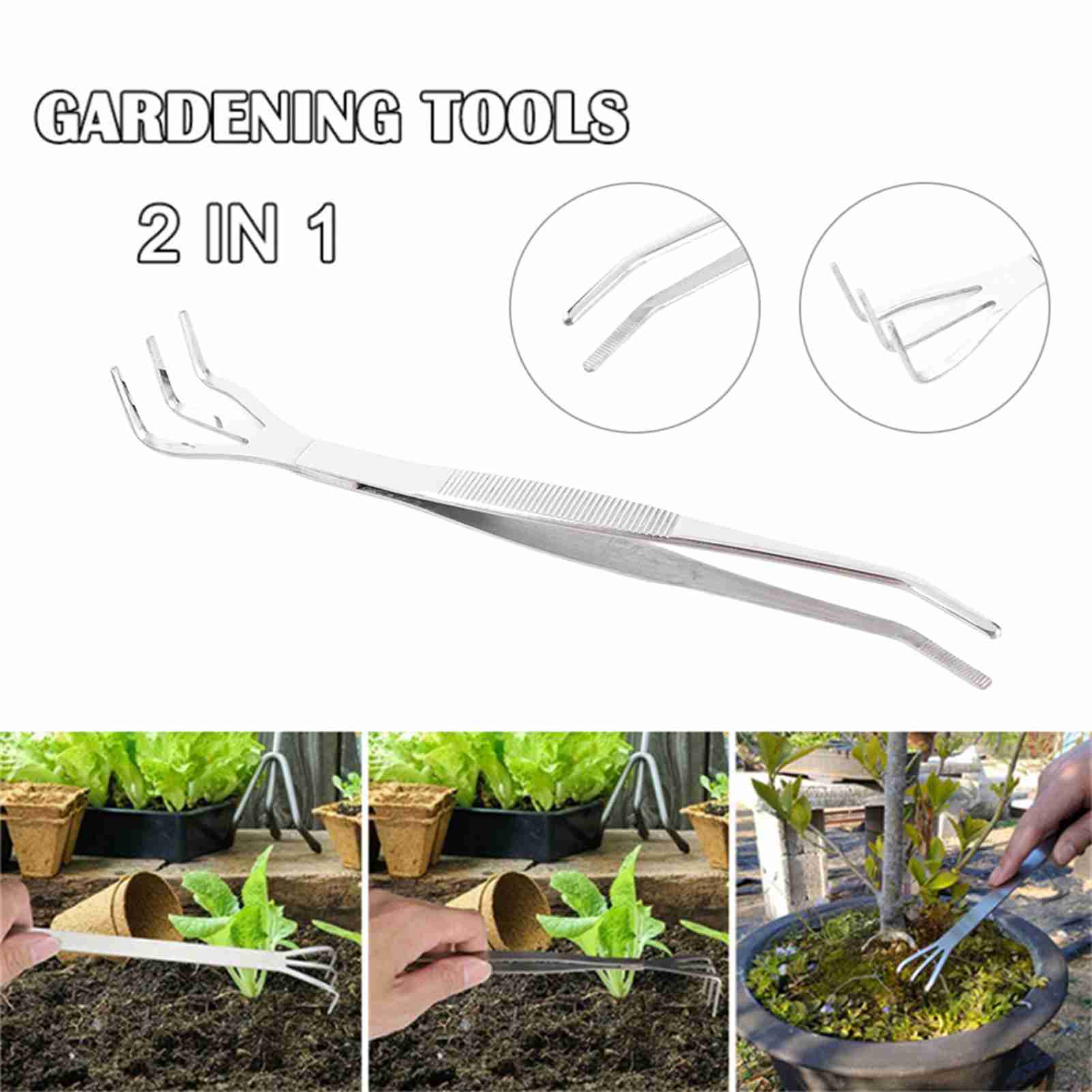 2-in-1 Bonsai-wurzelharke Und Edelstahlpinzette, Gartenwerkzeug