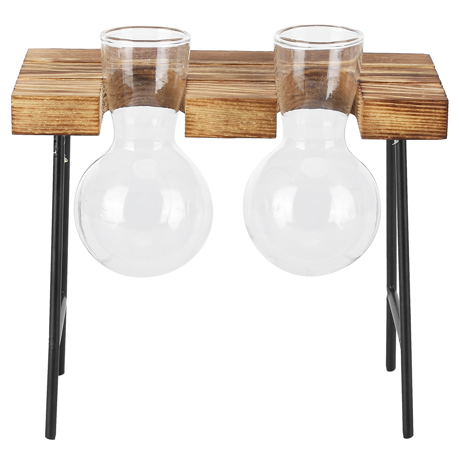 Glasblumentopf Mit Holzständer, Glasvase Für Hydrokulturpflanzen, Ideal Für Zuhause, Büro Und Garten (2 Flaschen).