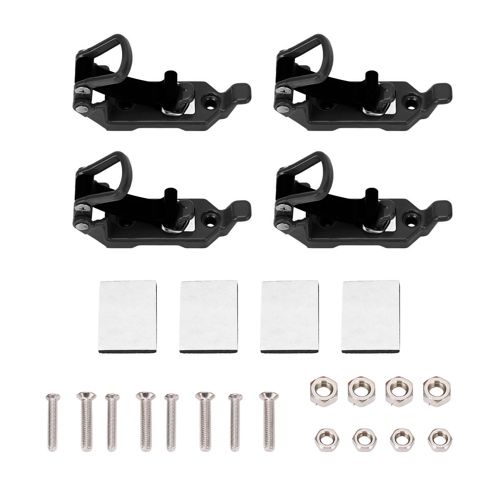 Set Aus 4 Robusten, Multifunktionalen Dachgepäckträger-schaufelhalterungen Aus Metall Und Gummi Mit Schwarzen Befestigungsklammern.
