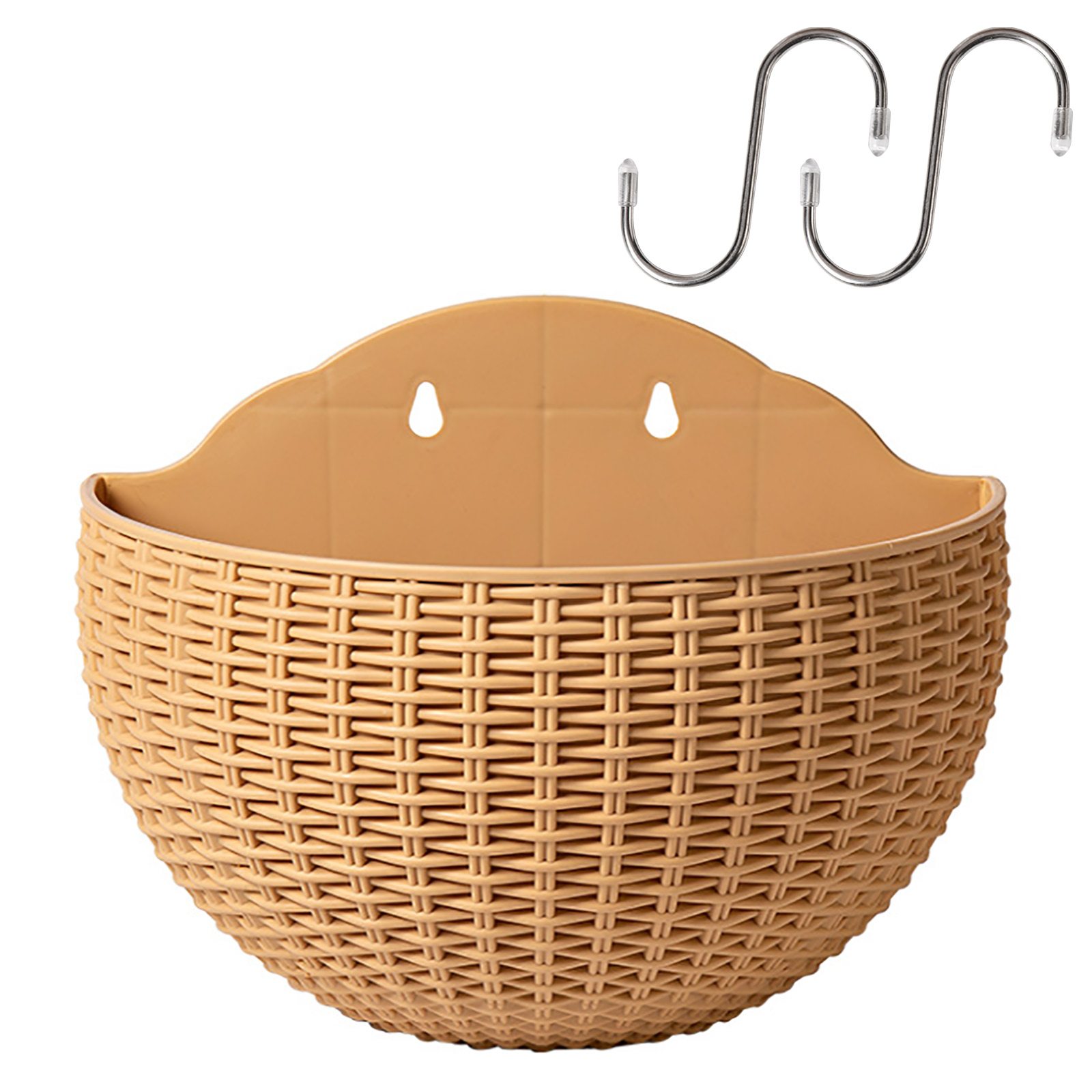 Set Aus 2 Halbrunden, Wandmontierten Blumentöpfen Aus Synthetischem Rattan In Khakifarbe, Für Den Innen-, Außenbereich Und Balkon.