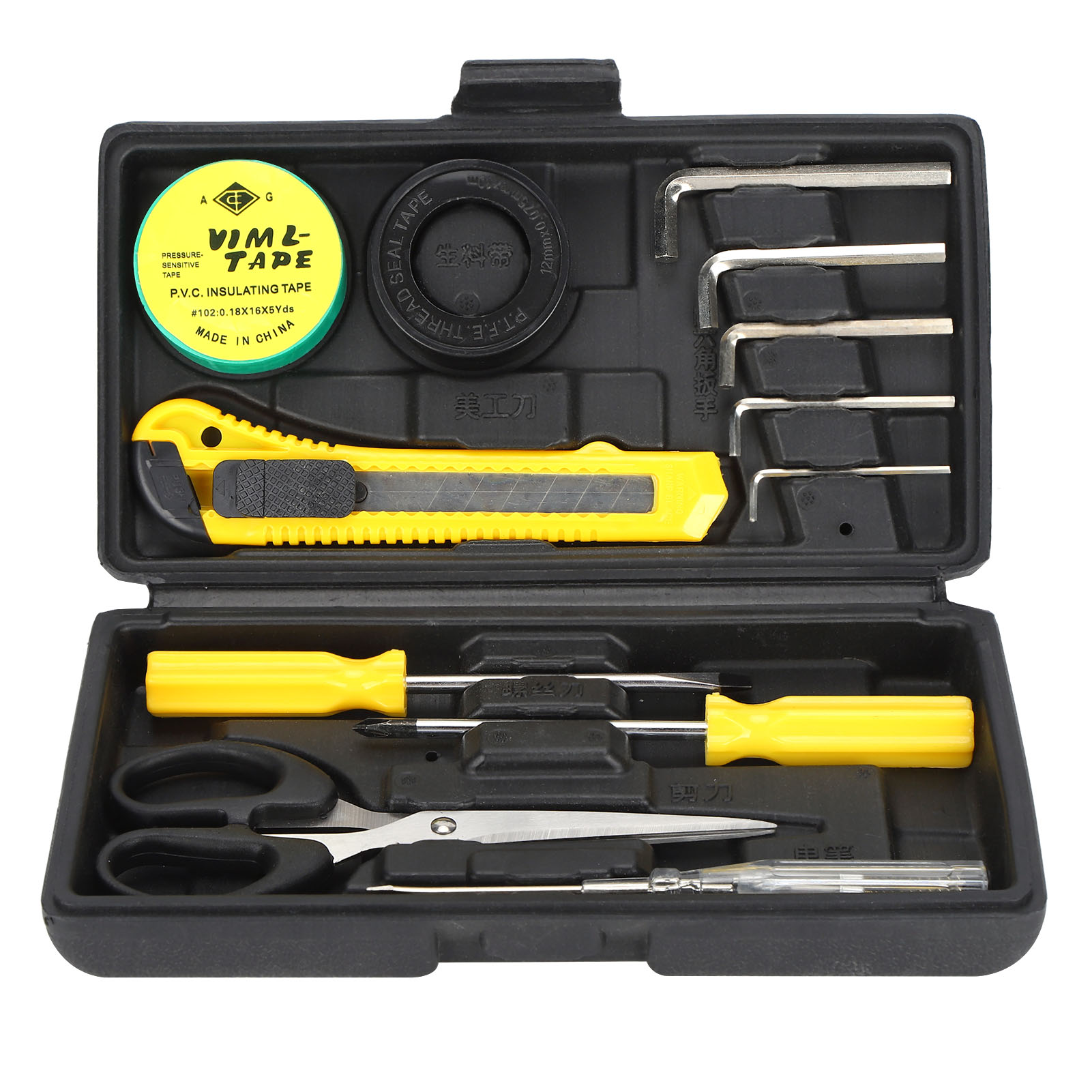 13-teiliges Handwerkzeugset: Schraubendreher, Steckschlüssel, Isolierband, Universalmesser, Schere, Reparaturset