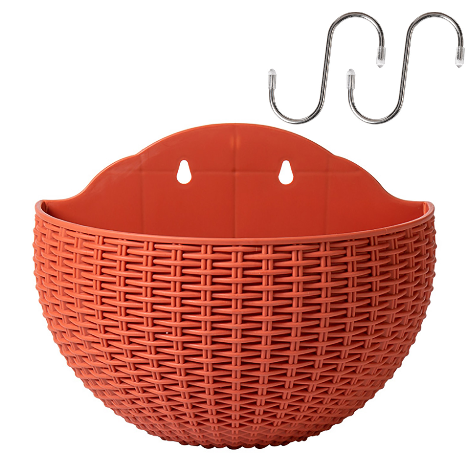 Set Aus 2 Halbrunden, Wandmontierten Blumentöpfen In Rattan-imitation, Ziegelrot, Für Den Innen-, Außenbereich Und Balkon.