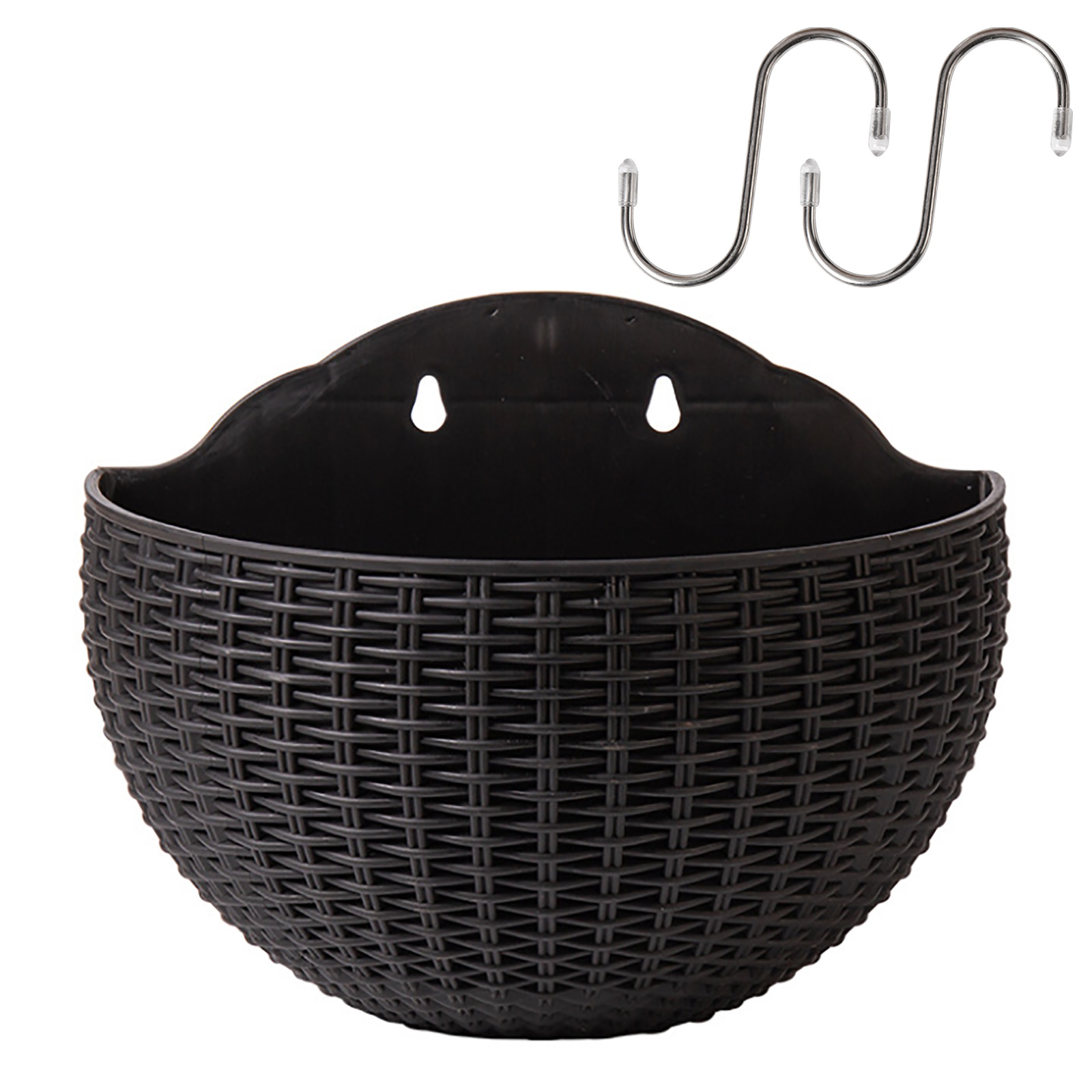 Set Aus 2 Halbrunden, Wandmontierten Blumentöpfen Aus Synthetischem Rattan, Schwarze Farbe, Für Den Innen-, Außenbereich Und Balkon.