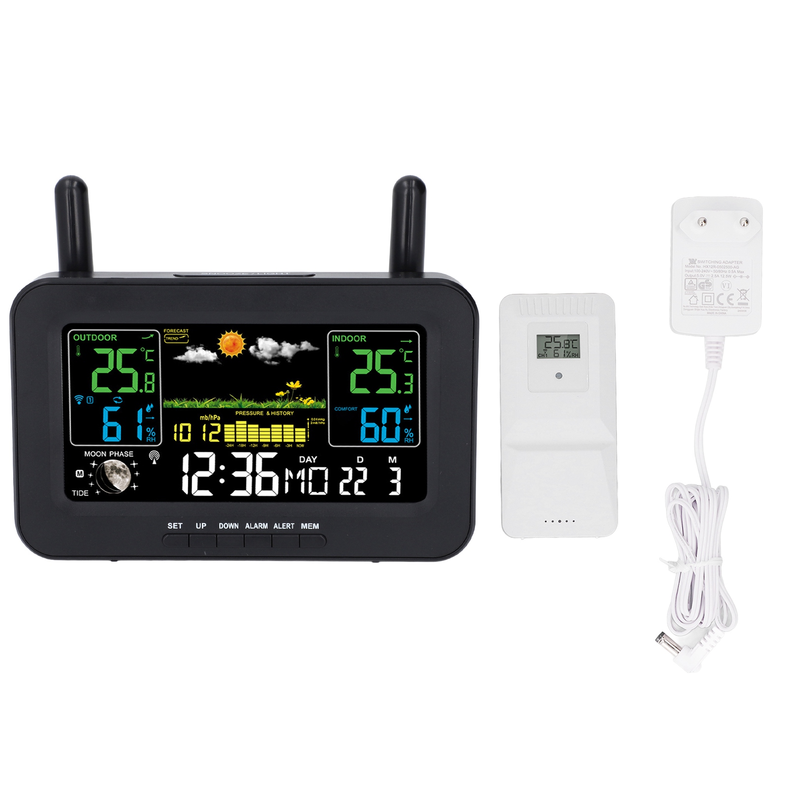 Kabellose Wetterstation Für Den Innen- Und Außenbereich Mit Thermometer, Farbdisplay, Digitalem Temperatur- Und Feuchtigkeitssensor, Eu-stecker, Weiß