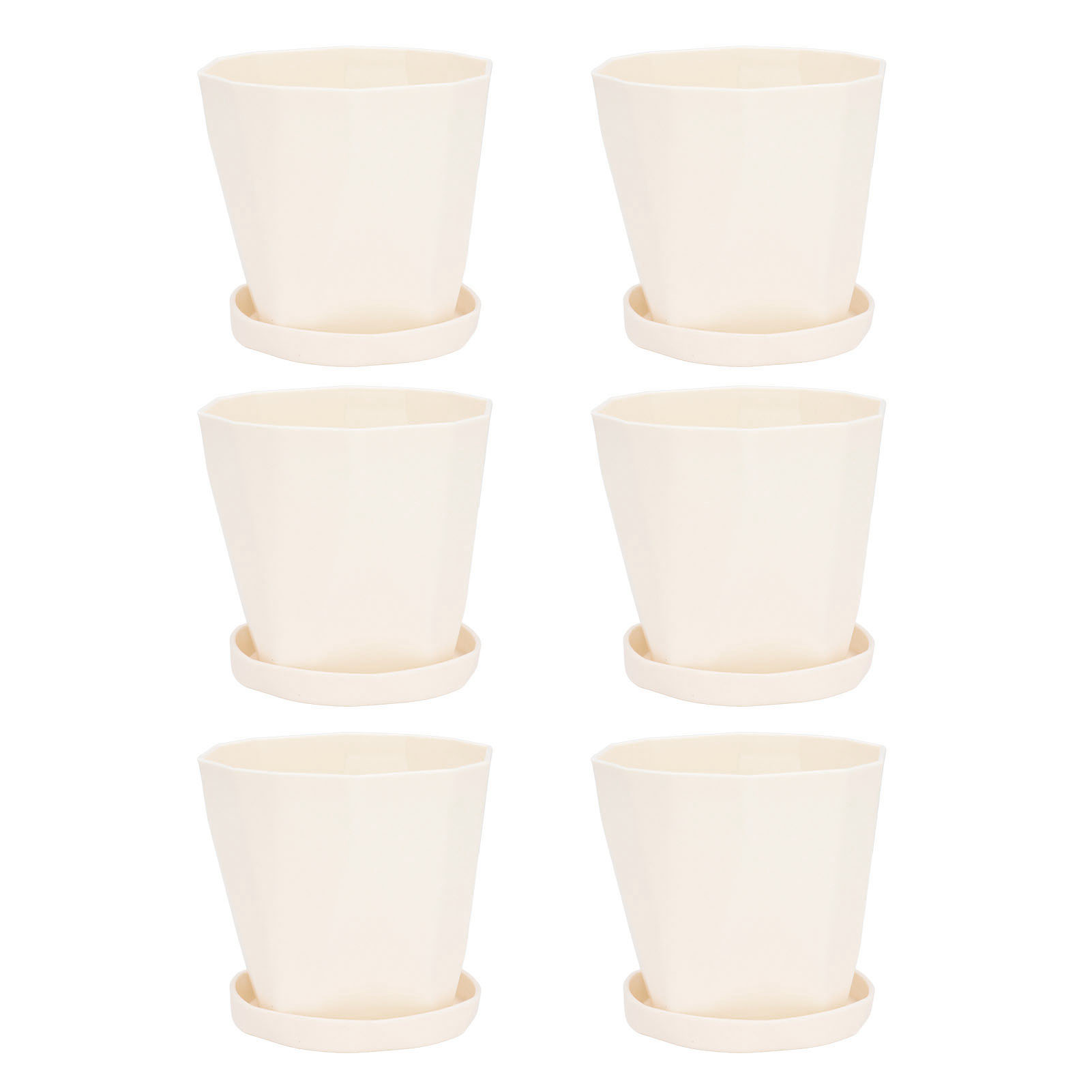 Set Aus 6 Kleinen, Leichten, Vielseitigen Und Schlicht Gestalteten Blumentöpfen Aus Cremeweißem Kunststoff Mit Untersetzern, Für Den Innen-, Balkon- Und Außenbereich.