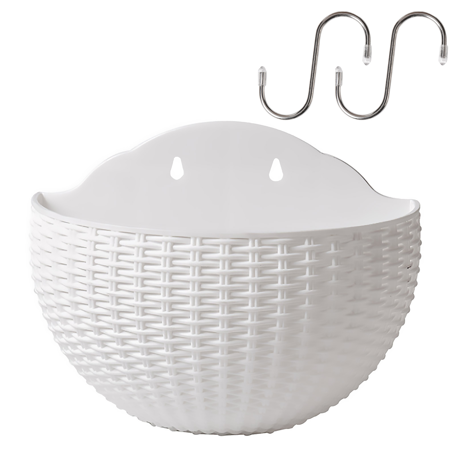 Set Mit 2 Halbrunden, Wandmontierten Blumentöpfen Aus Synthetischem Rattan, Halbrund, Für Den Innen-, Außenbereich Oder Balkon, Weiß, Größe L