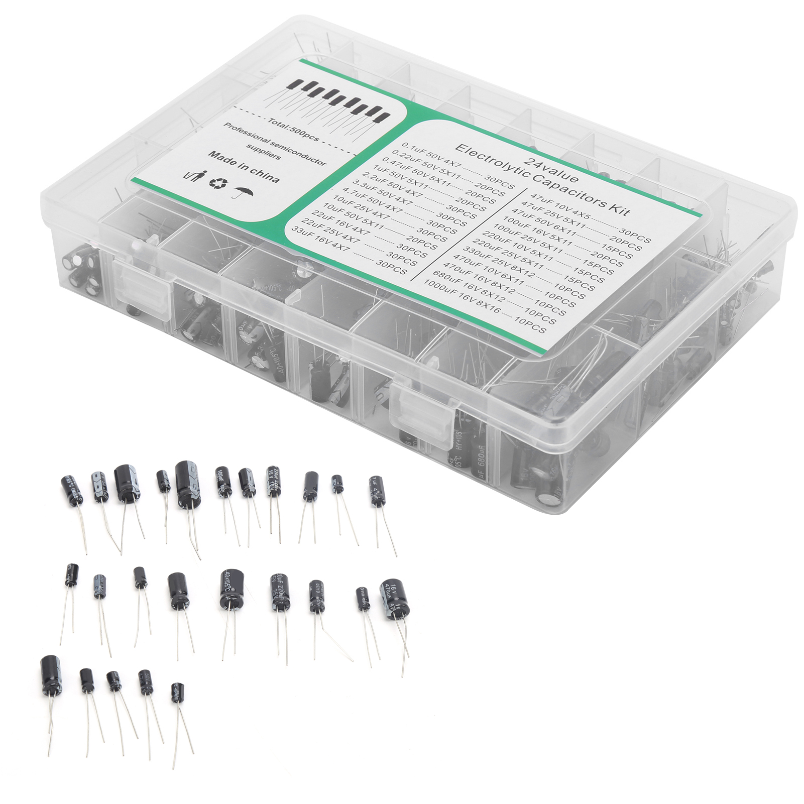 500-teiliges Elektrolytkondensator-set, 24 Verschiedene Werte, 0,1 Μf – 1000 Μf, 10 V, 16 V, 25 V, 50 V